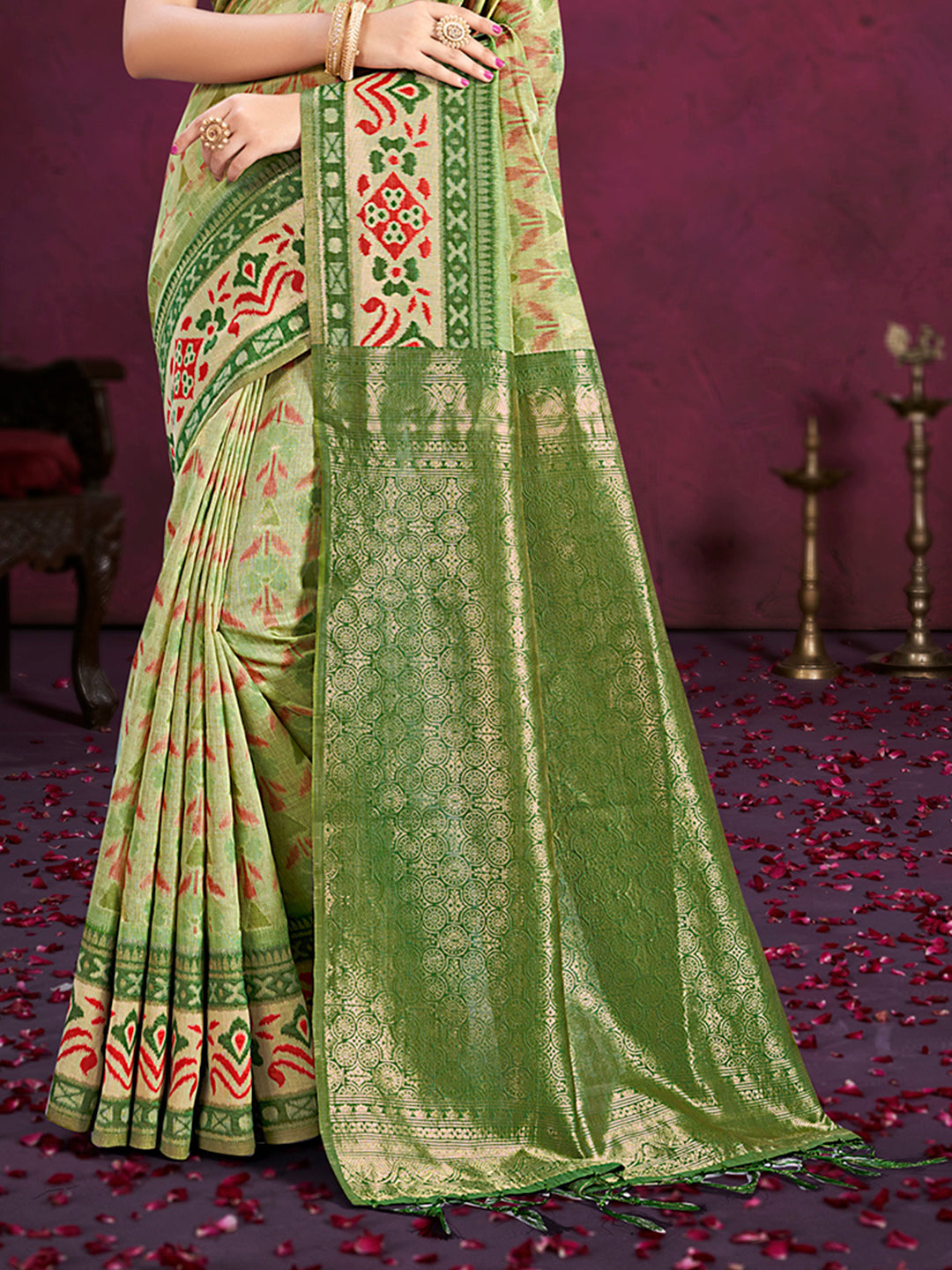 Sangam Prints Light Green Cotton Silk With Meena Woven Work Traditional Saree | Grocsy