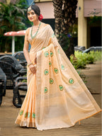 Sangam Prints Peach Linen Woven Work Traditional Saree | Grocsy
