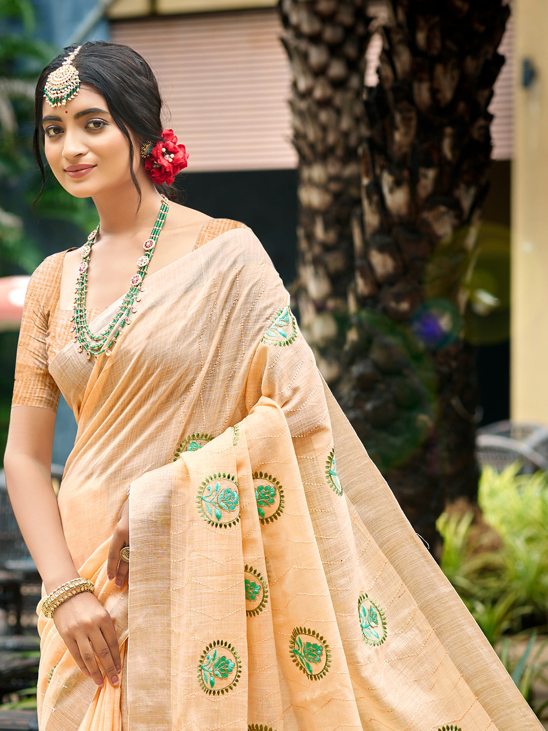 Sangam Prints Peach Linen Woven Work Traditional Saree | Grocsy