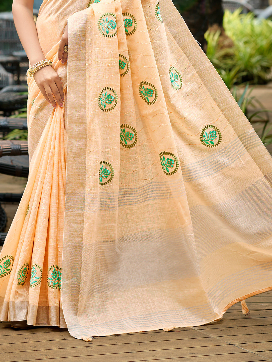 Sangam Prints Peach Linen Woven Work Traditional Saree | Grocsy