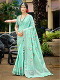 Sangam Prints Sky Blue Linen Woven Work Traditional Saree | Grocsy