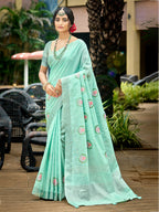 Sangam Prints Sky Blue Linen Woven Work Traditional Saree | Grocsy