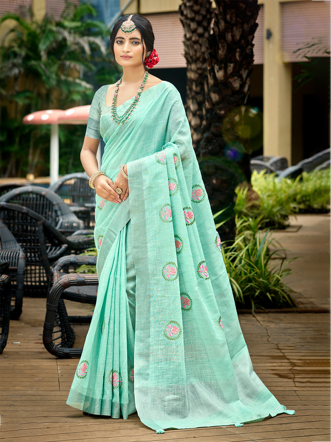Sangam Prints Sky Blue Linen Woven Work Traditional Saree | Grocsy