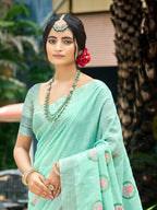 Sangam Prints Sky Blue Linen Woven Work Traditional Saree | Grocsy