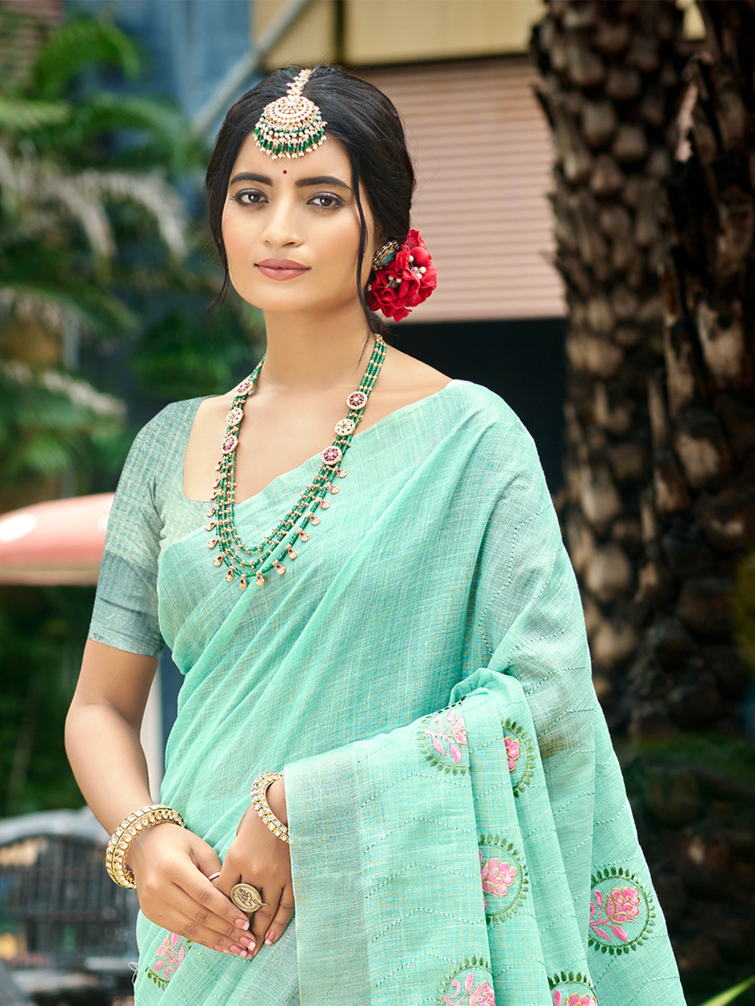 Sangam Prints Sky Blue Linen Woven Work Traditional Saree | Grocsy