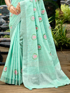 Sangam Prints Sky Blue Linen Woven Work Traditional Saree | Grocsy