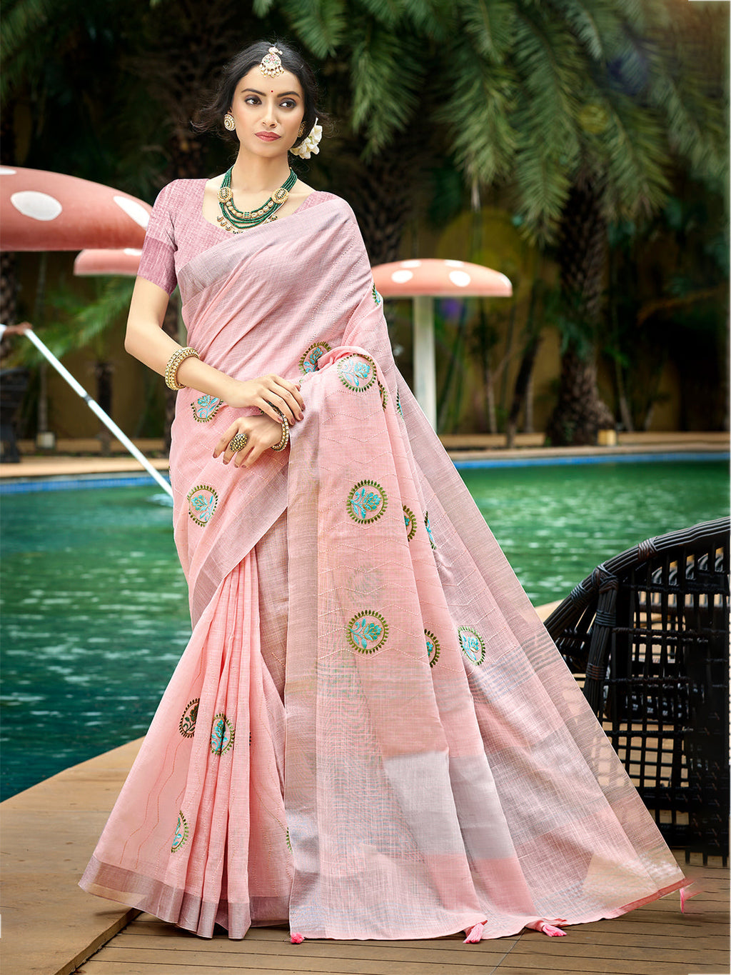 Sangam Prints Light Pink Linen Woven Work Traditional Saree | Grocsy