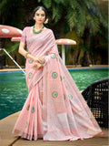 Sangam Prints Light Pink Linen Woven Work Traditional Saree | Grocsy