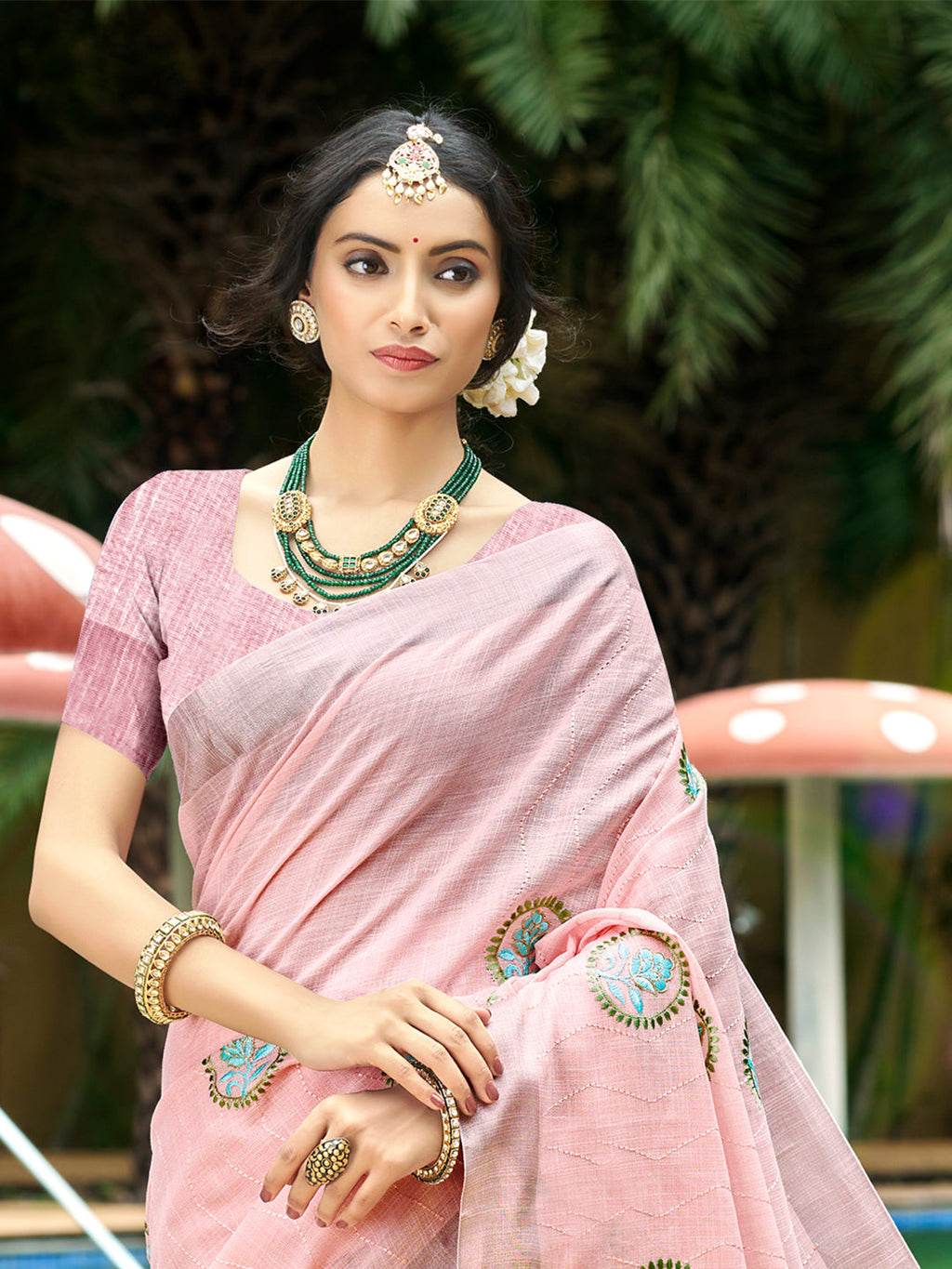 Sangam Prints Light Pink Linen Woven Work Traditional Saree | Grocsy