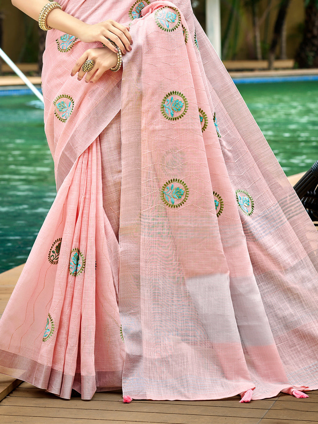 Sangam Prints Light Pink Linen Woven Work Traditional Saree | Grocsy