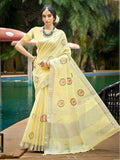 Sangam Prints Yellow Linen Woven Work Traditional Saree | Grocsy