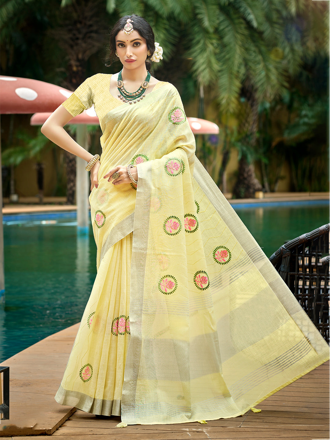 Sangam Prints Yellow Linen Woven Work Traditional Saree | Grocsy