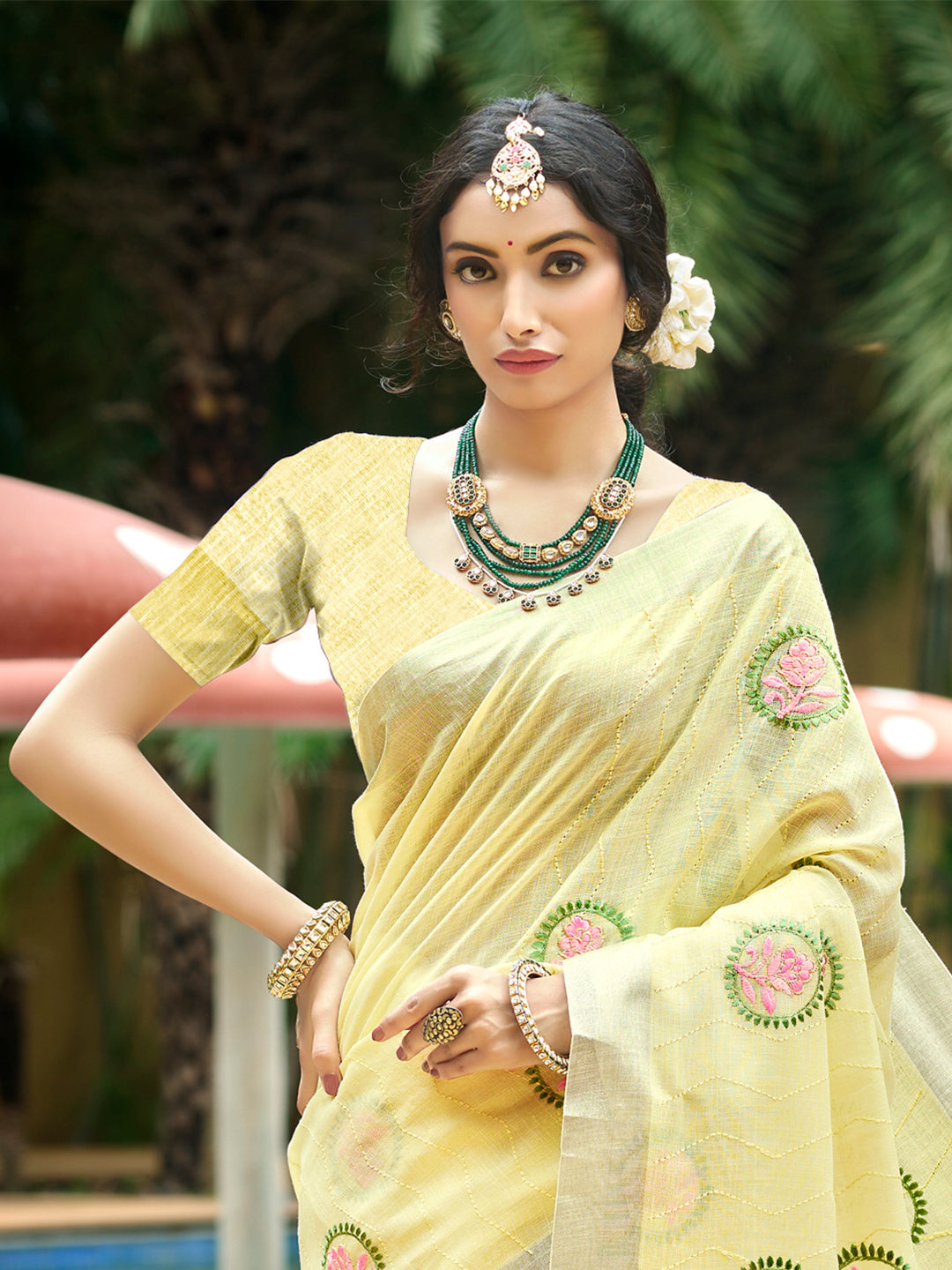 Sangam Prints Yellow Linen Woven Work Traditional Saree | Grocsy