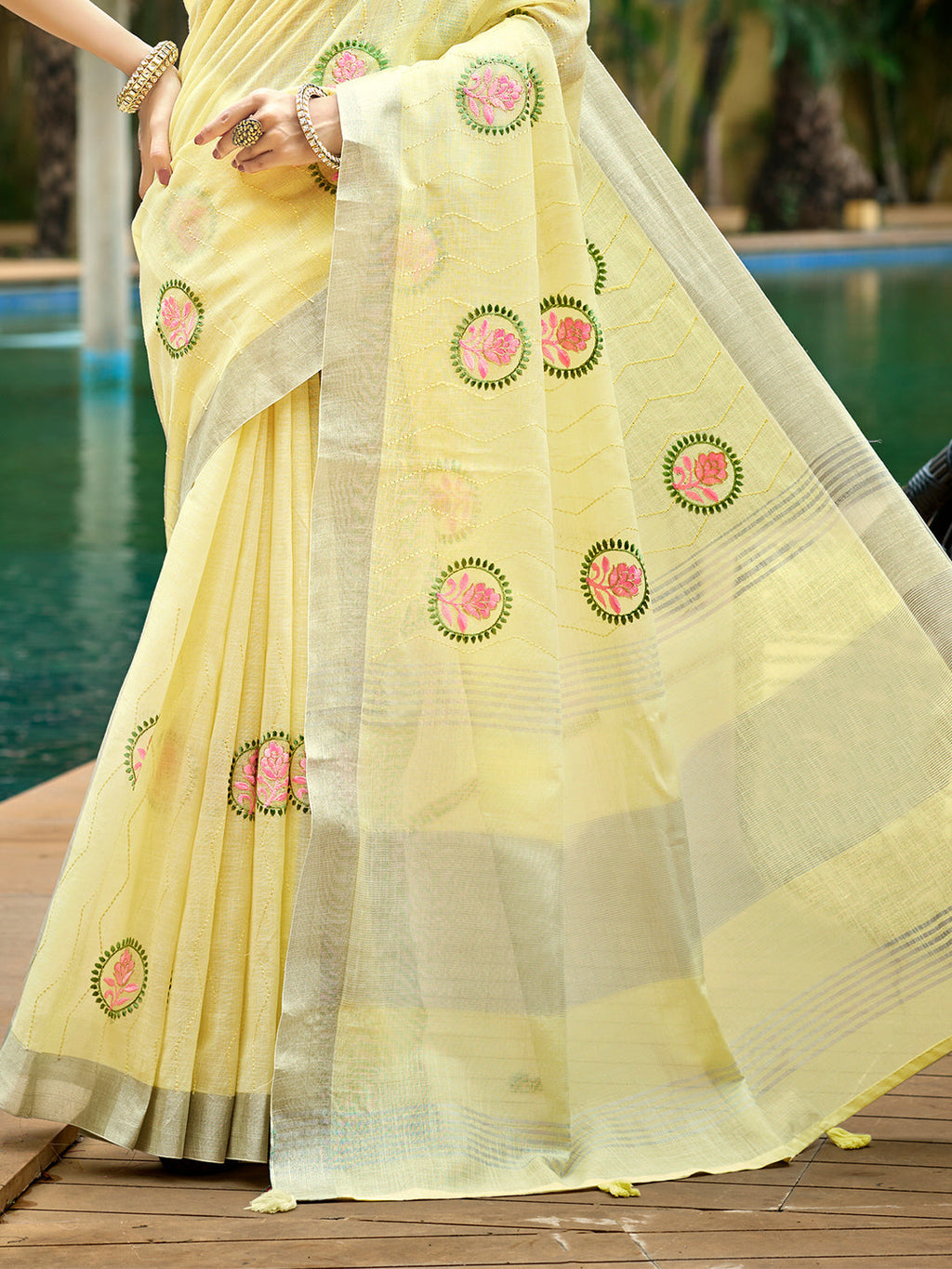 Sangam Prints Yellow Linen Woven Work Traditional Saree | Grocsy