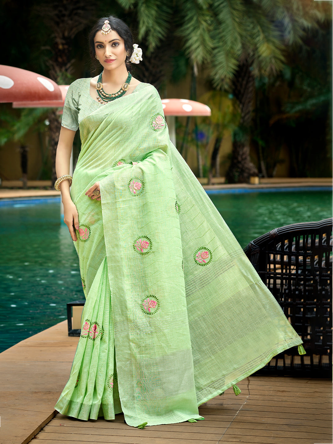 Sangam Prints Green Linen Woven Work Traditional Saree | Grocsy