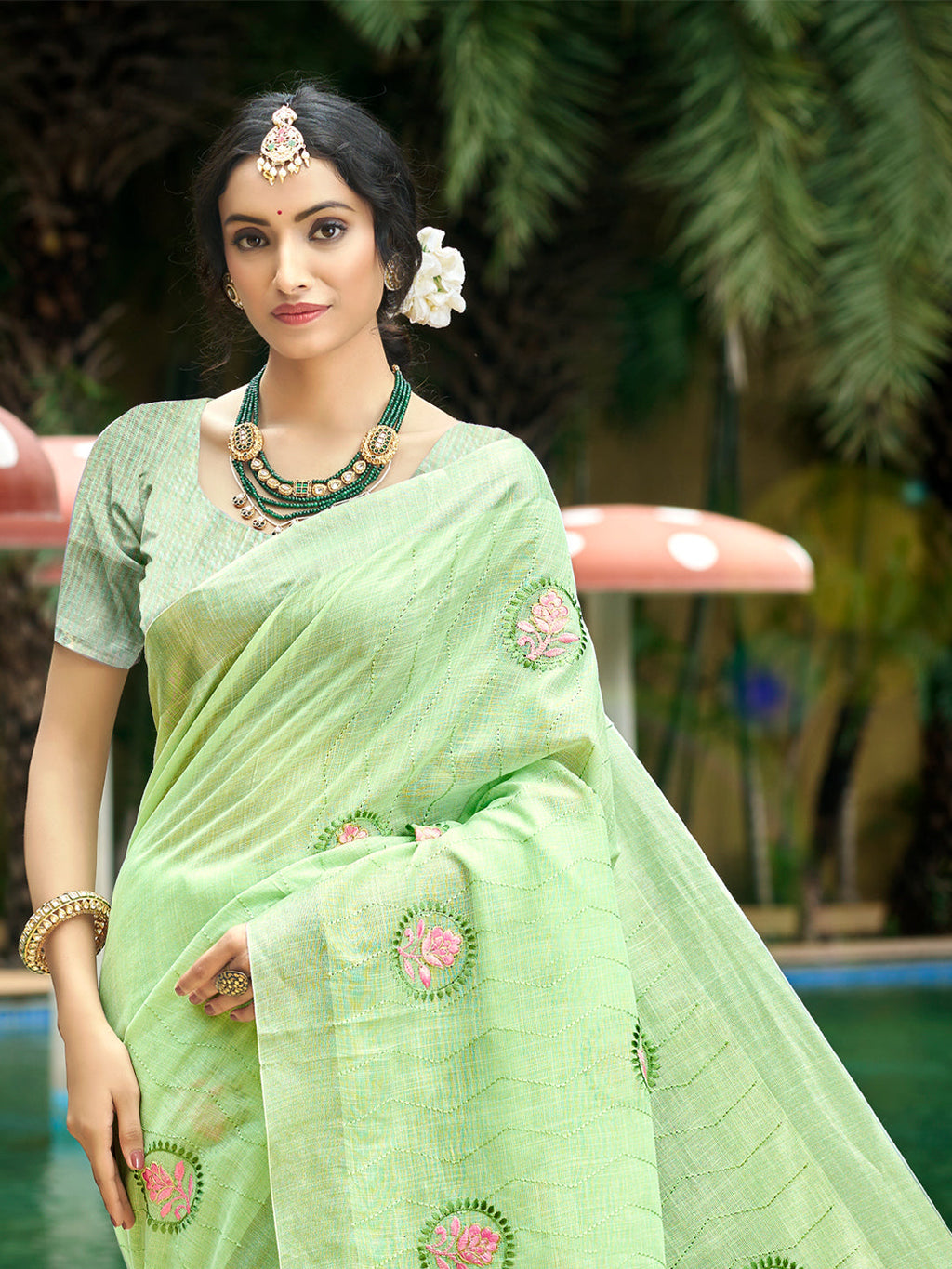 Sangam Prints Green Linen Woven Work Traditional Saree | Grocsy