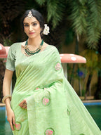 Sangam Prints Green Linen Woven Work Traditional Saree | Grocsy