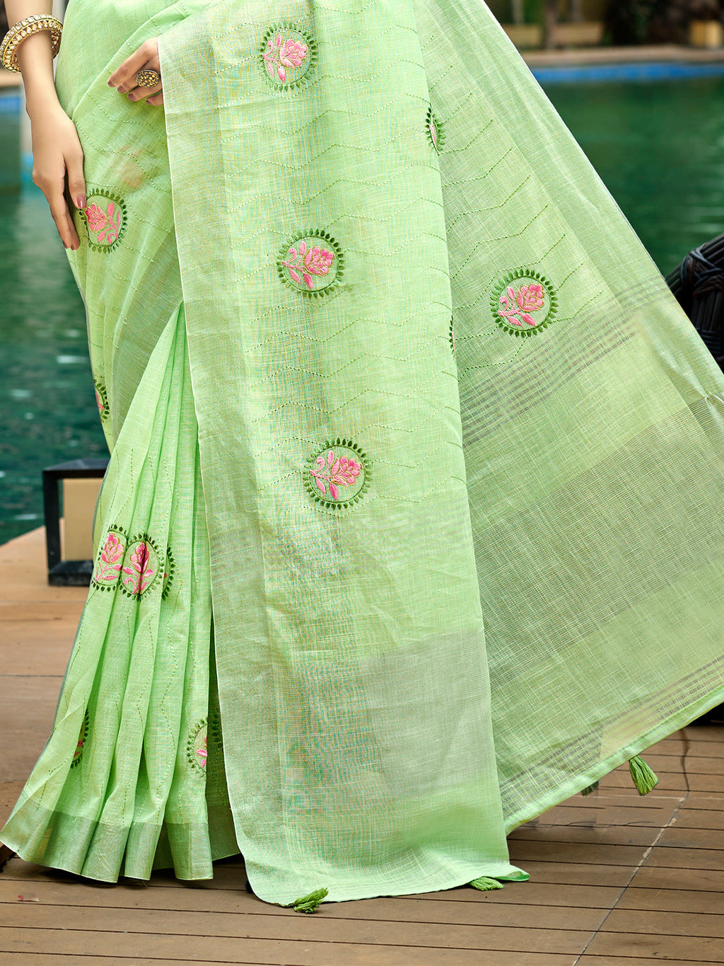 Sangam Prints Green Linen Woven Work Traditional Saree | Grocsy