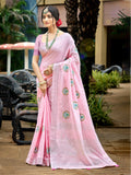 Sangam Prints Baby Pink Linen Woven Work Traditional Saree | Grocsy