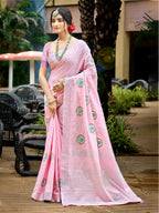 Sangam Prints Baby Pink Linen Woven Work Traditional Saree | Grocsy