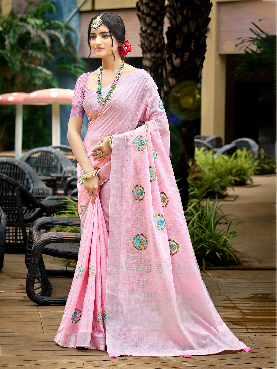Sangam Prints Baby Pink Linen Woven Work Traditional Saree | Grocsy