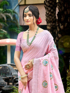 Sangam Prints Baby Pink Linen Woven Work Traditional Saree | Grocsy