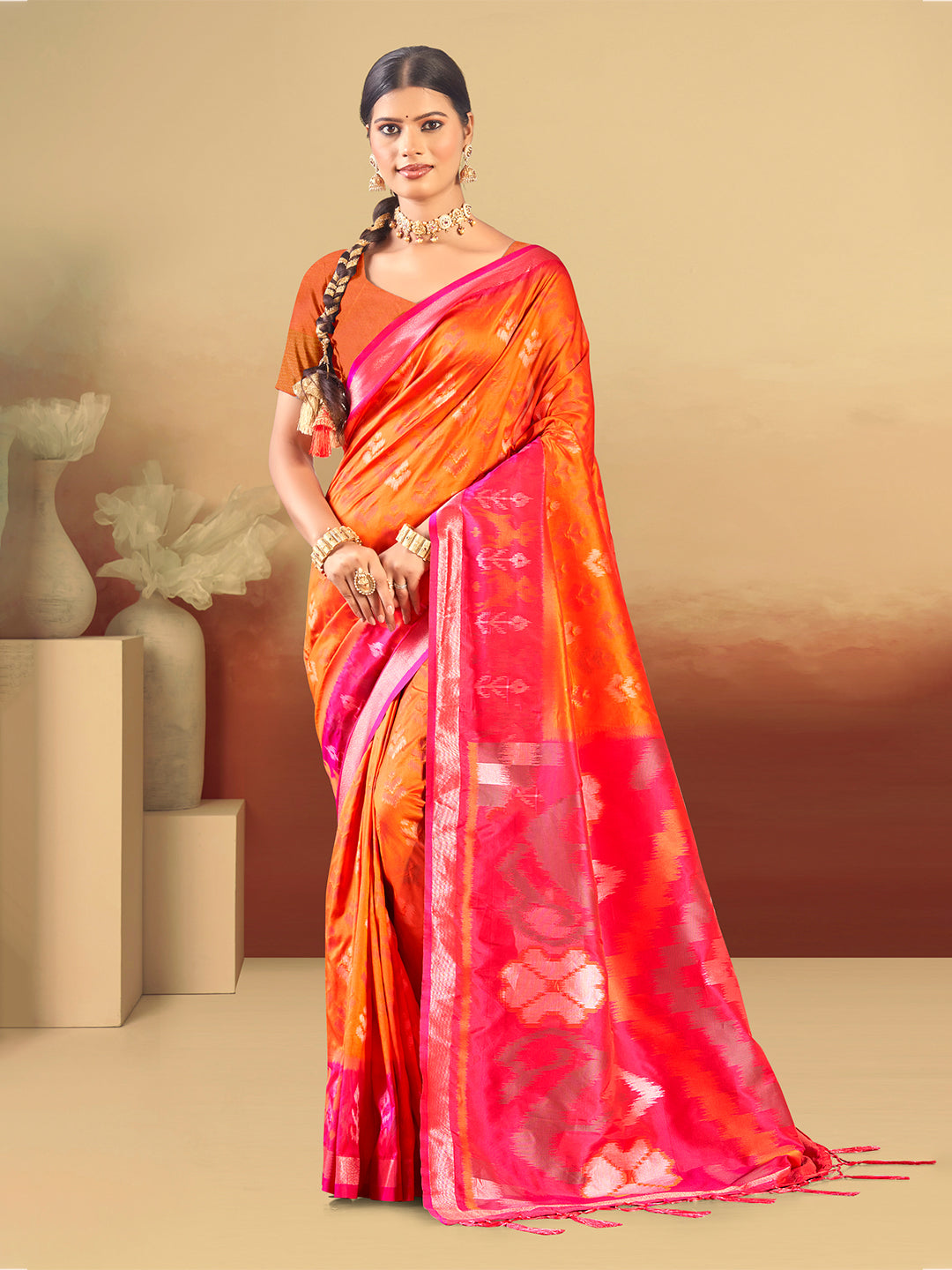 Sangam Prints Orange Silk Woven Work Traditional Saree | Grocsy