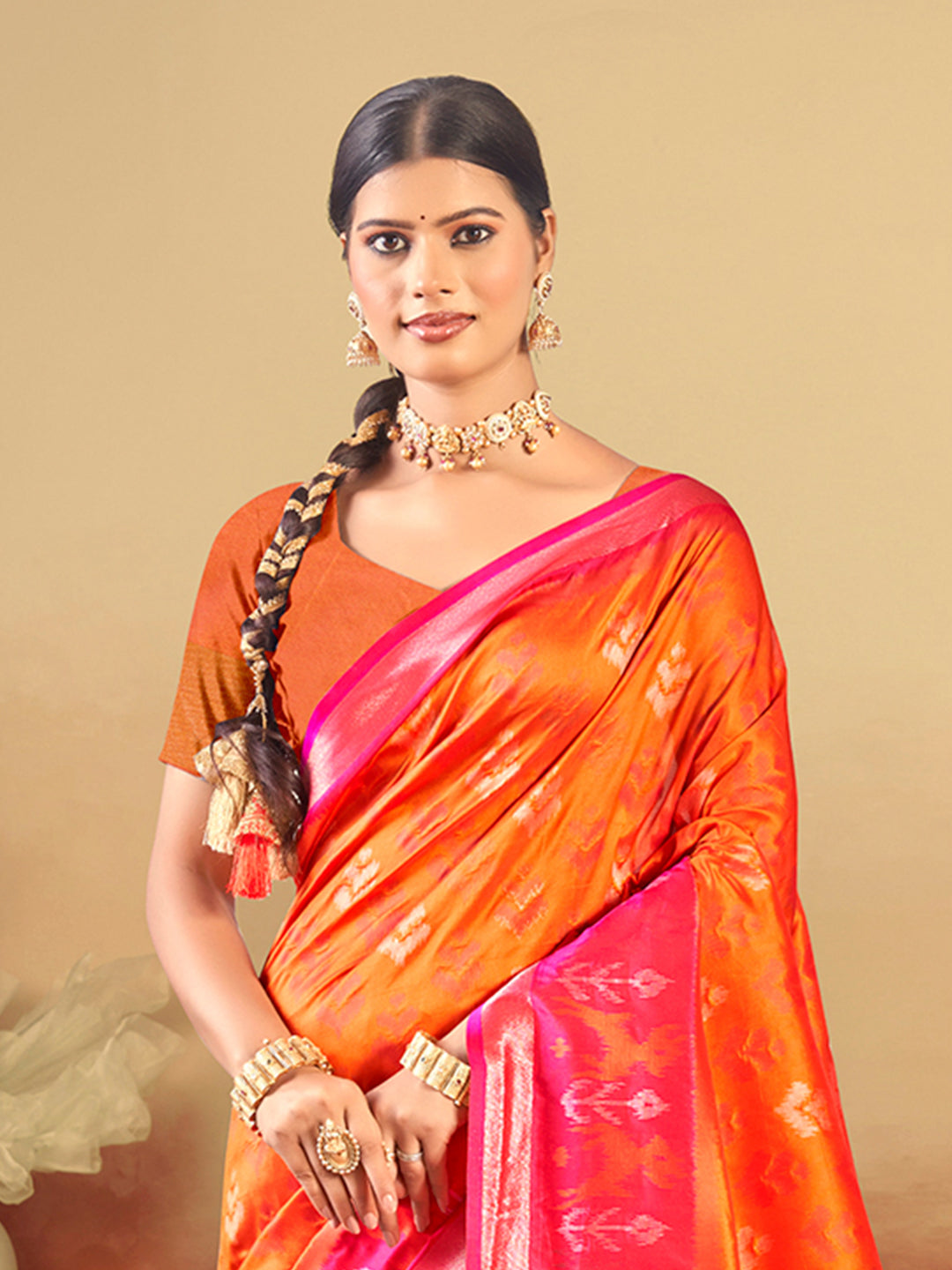 Sangam Prints Orange Silk Woven Work Traditional Saree | Grocsy