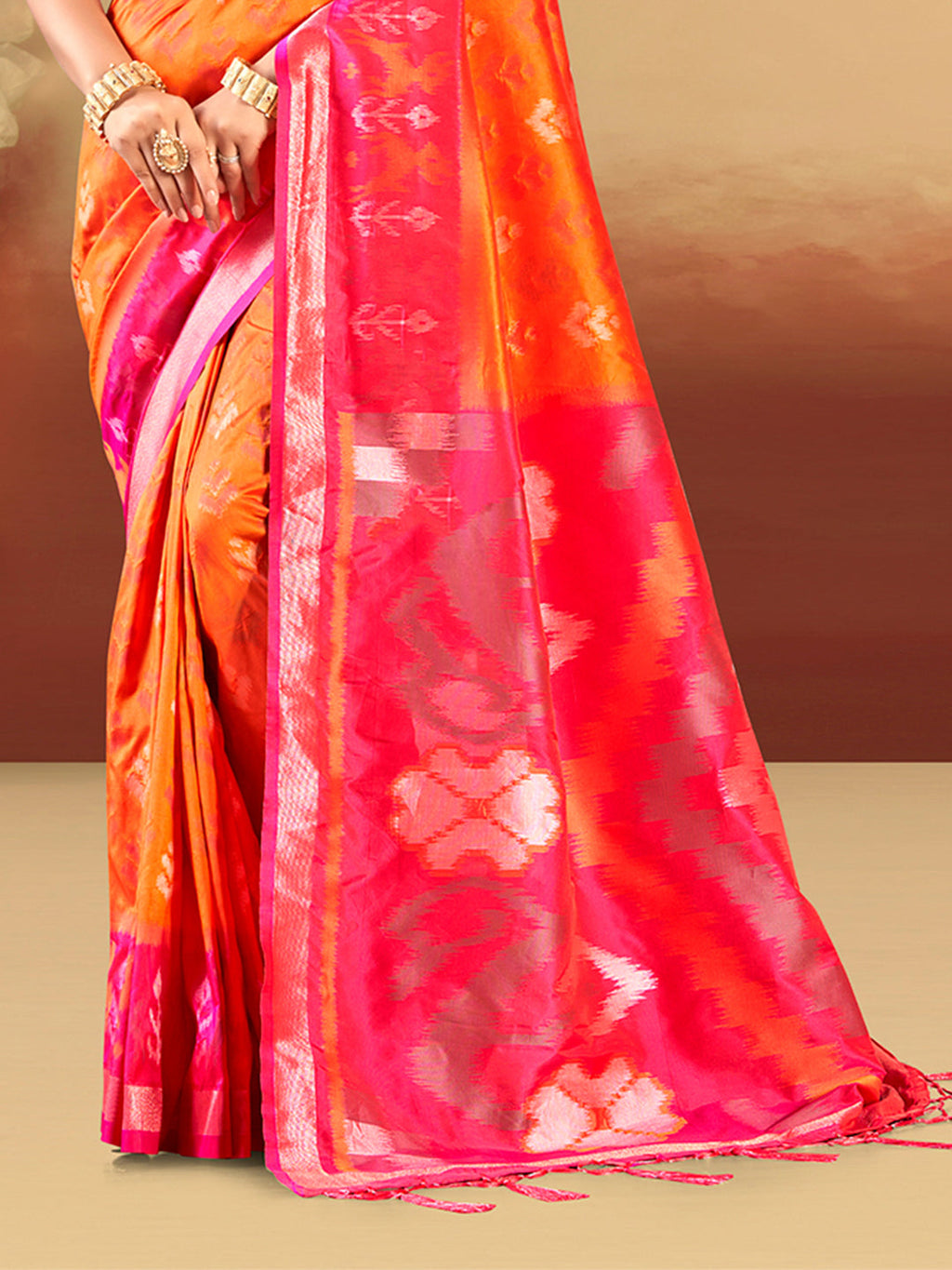 Sangam Prints Orange Silk Woven Work Traditional Saree | Grocsy