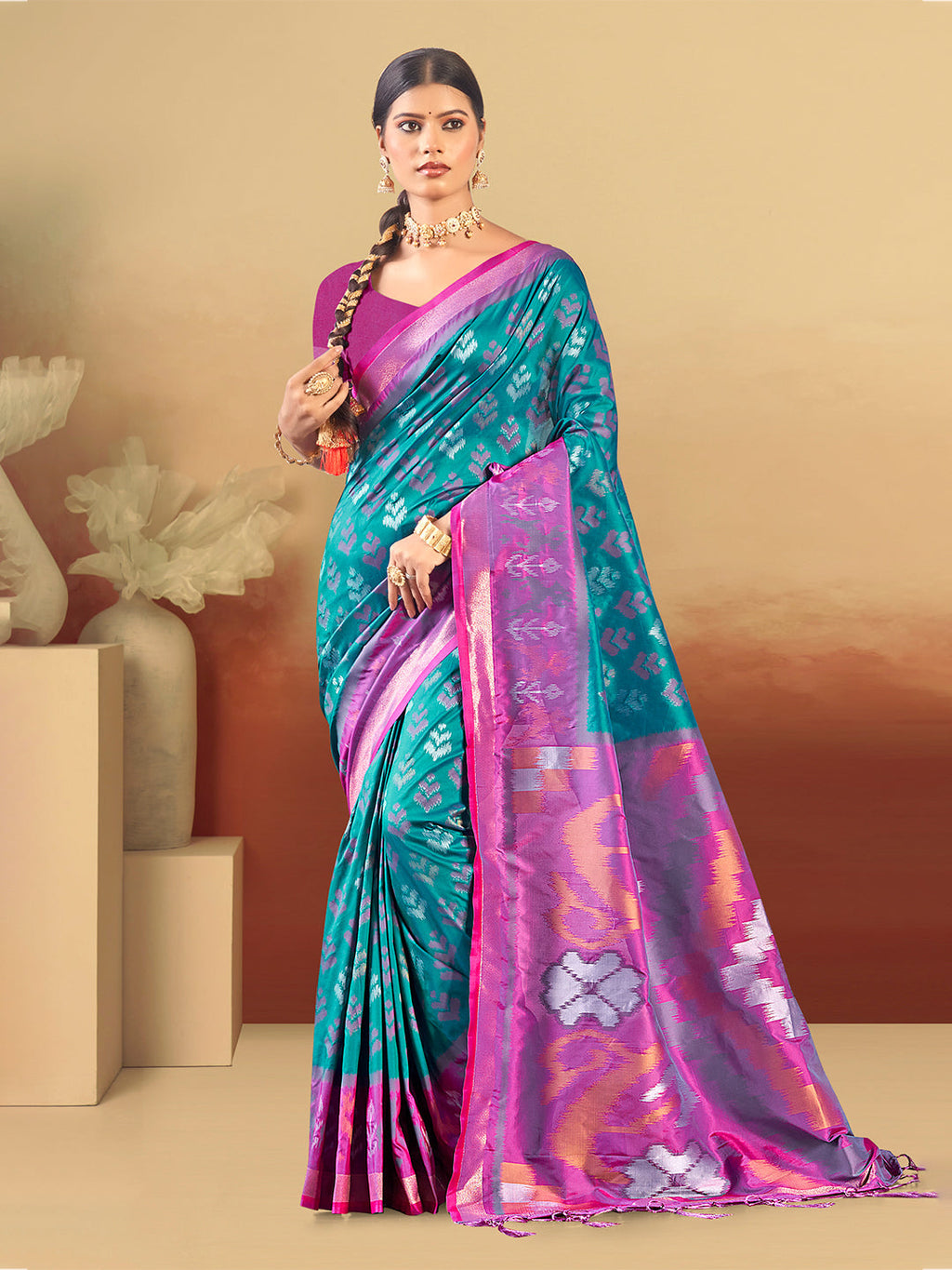 Sangam Prints Teal Blue Silk Woven Work Traditional Saree | Grocsy