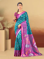 Sangam Prints Teal Blue Silk Woven Work Traditional Saree | Grocsy