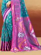 Sangam Prints Teal Blue Silk Woven Work Traditional Saree | Grocsy