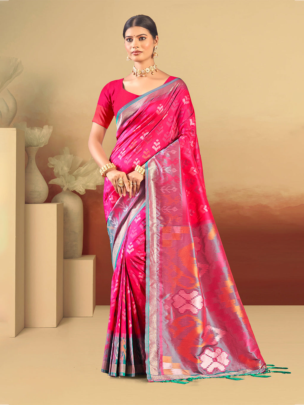 Sangam Prints Pink Silk Woven Work Traditional Saree | Grocsy