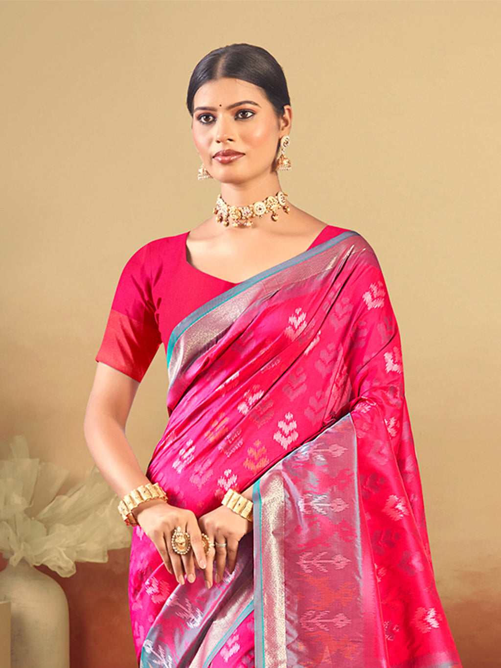 Sangam Prints Pink Silk Woven Work Traditional Saree | Grocsy