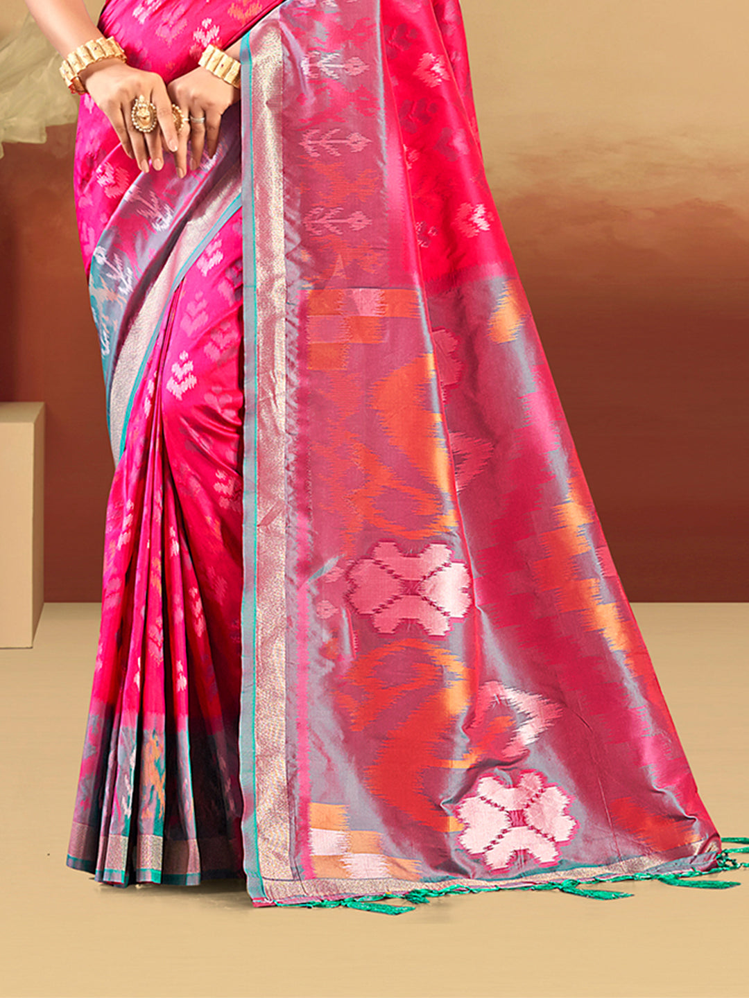 Sangam Prints Pink Silk Woven Work Traditional Saree | Grocsy
