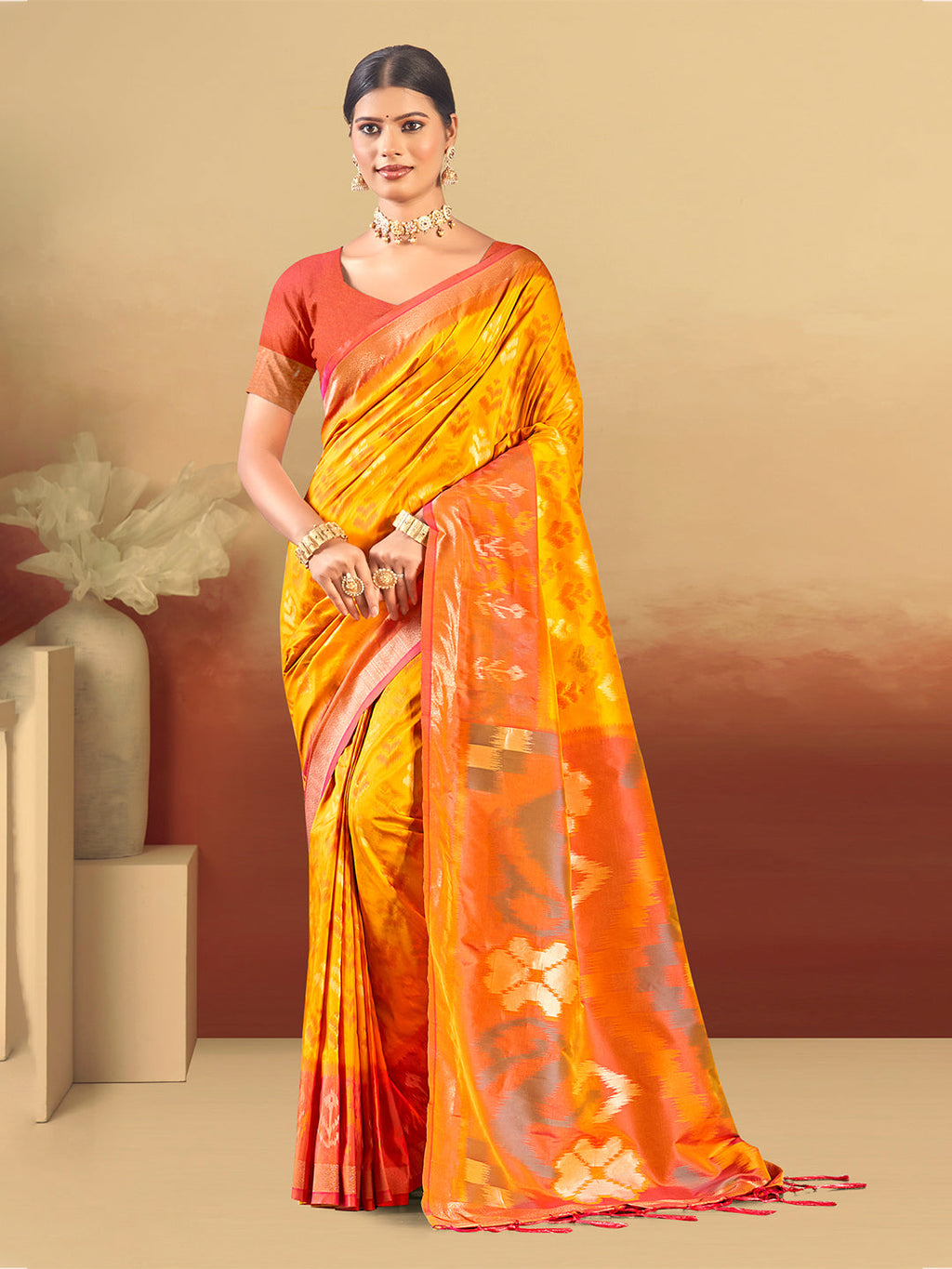 Sangam Prints Yellow Silk Woven Work Traditional Saree | Grocsy