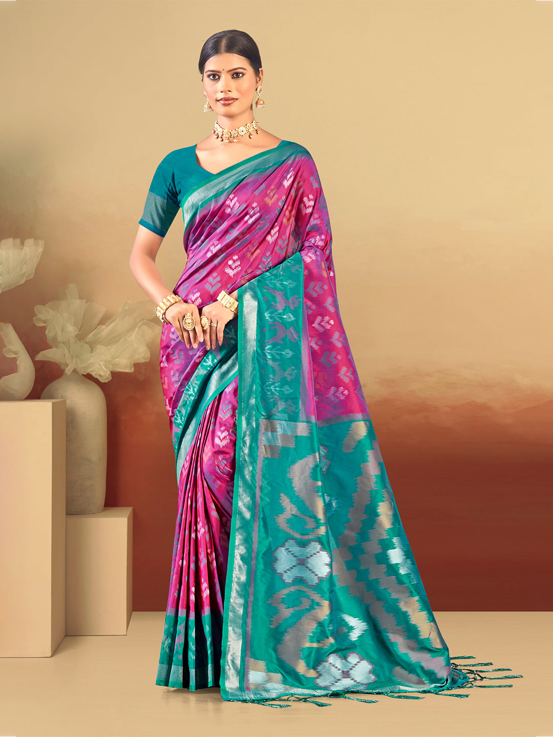 Sangam Prints Magenta  Silk Woven Work Traditional Saree | Grocsy