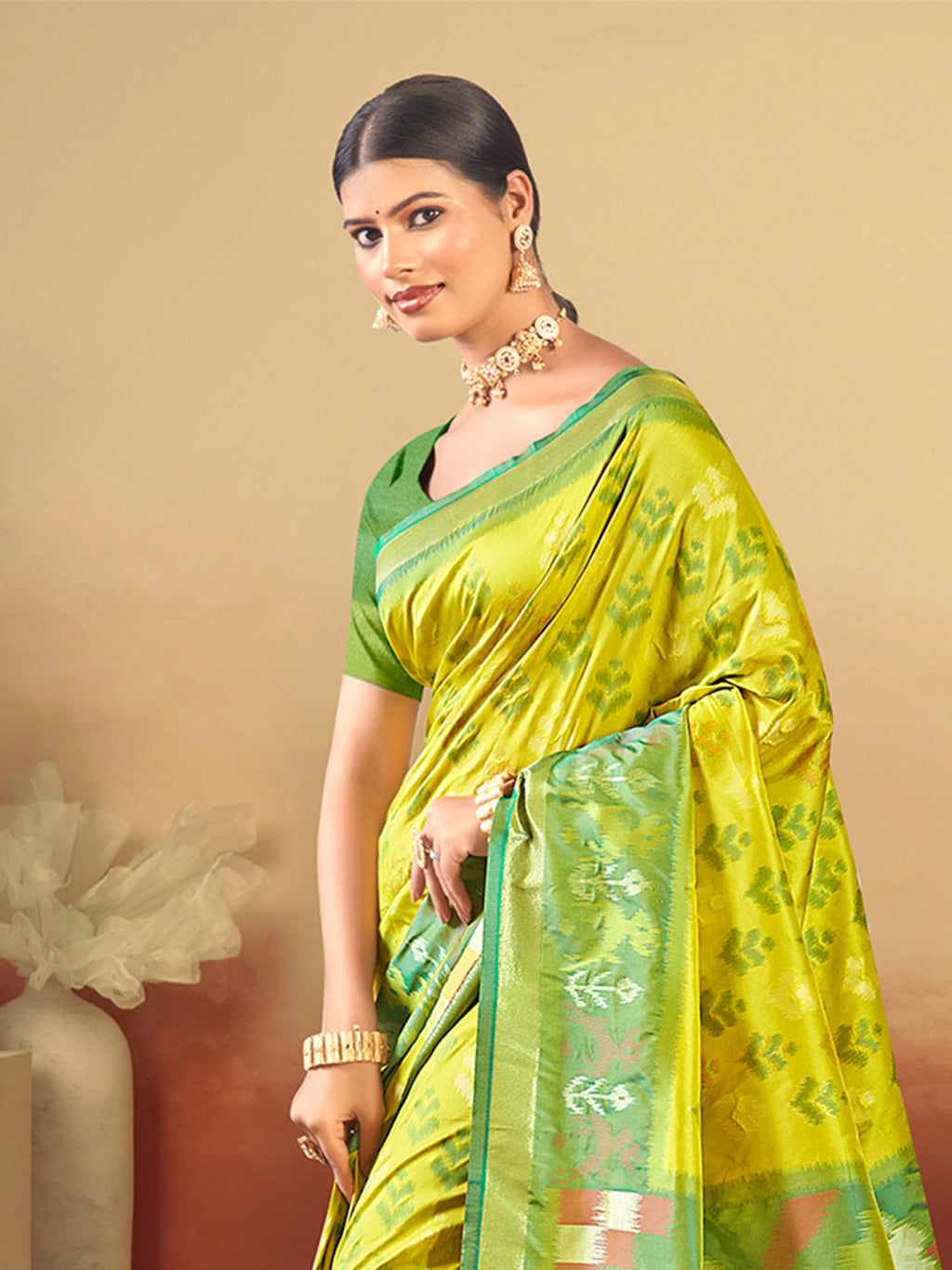 Sangam Prints Lime Green Silk Woven Work Traditional Saree | Grocsy