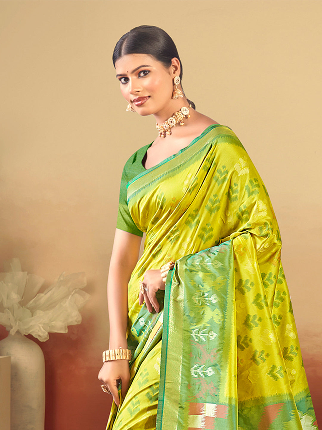 Sangam Prints Lime Green Silk Woven Work Traditional Saree | Grocsy