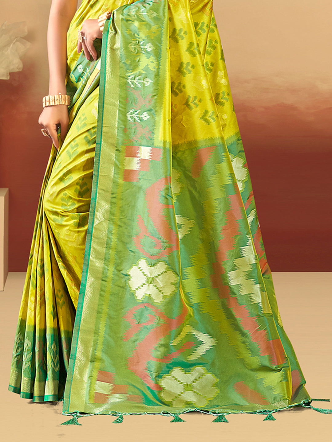 Sangam Prints Lime Green Silk Woven Work Traditional Saree | Grocsy
