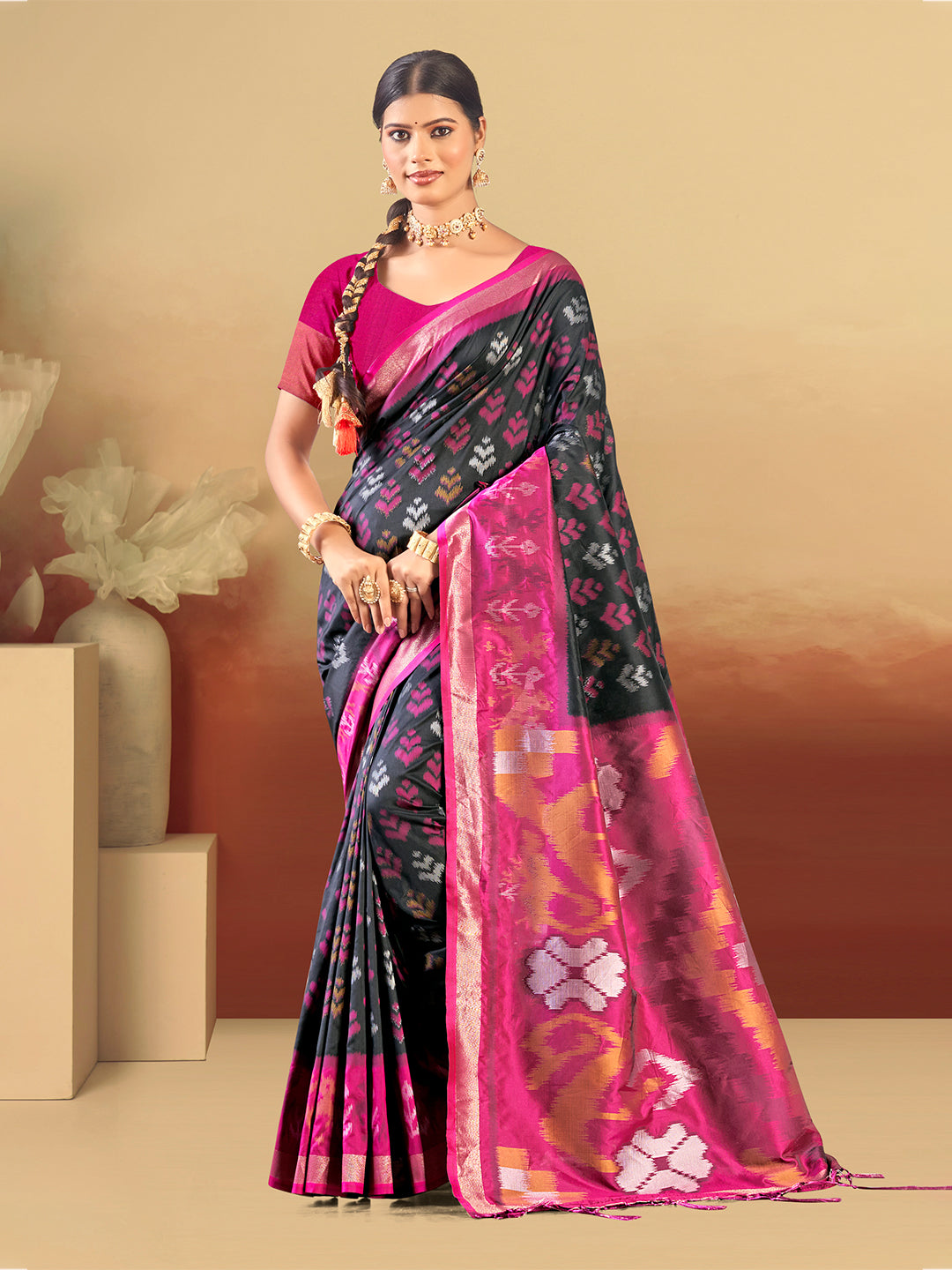 Sangam Prints Black And Magenta Silk Woven Work Traditional Saree | Grocsy