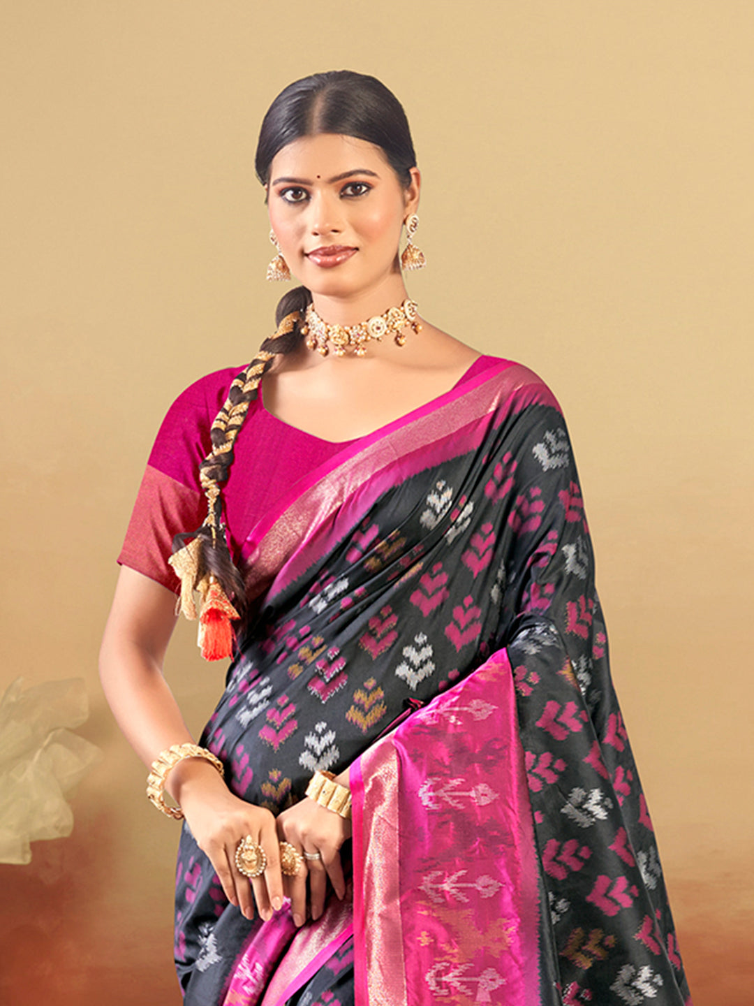 Sangam Prints Black And Magenta Silk Woven Work Traditional Saree | Grocsy