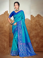 Sangam Prints Peacock Blue Silk Woven Work Traditional Saree | Grocsy