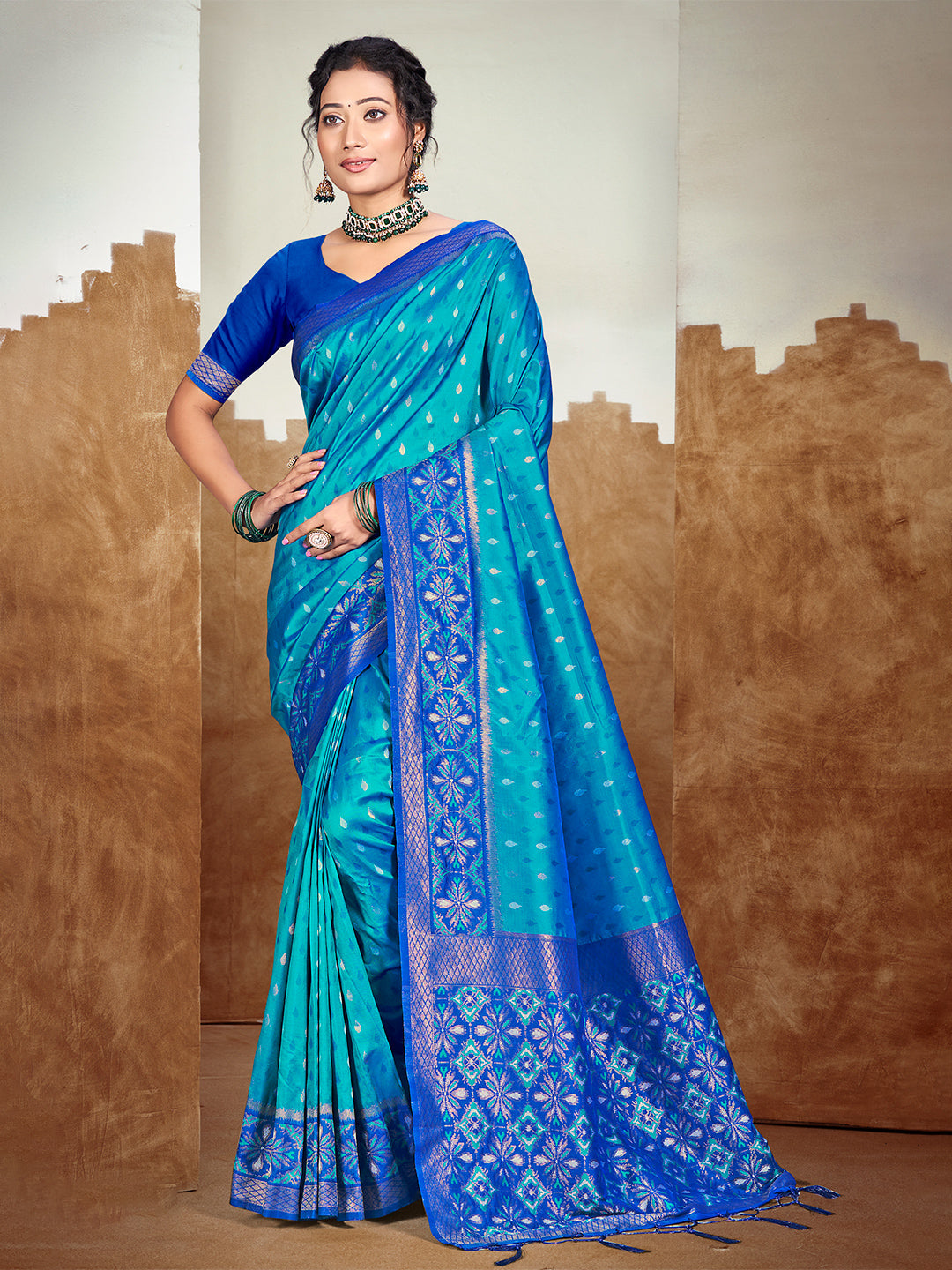 Sangam Prints Peacock Blue Silk Woven Work Traditional Saree | Grocsy