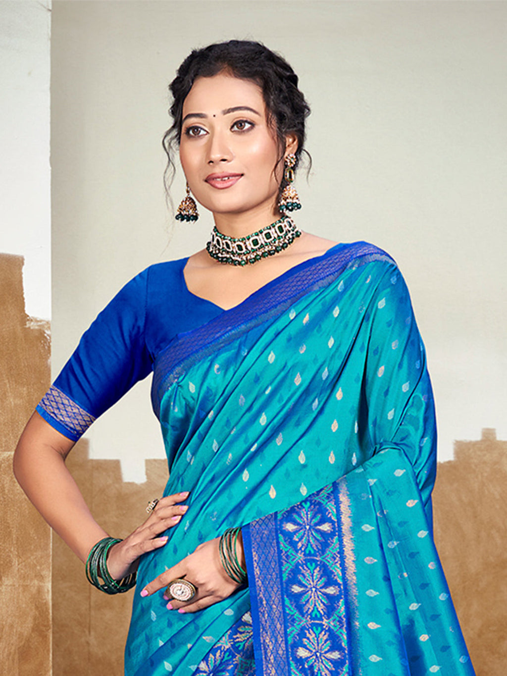 Sangam Prints Peacock Blue Silk Woven Work Traditional Saree | Grocsy
