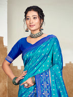 Sangam Prints Peacock Blue Silk Woven Work Traditional Saree | Grocsy