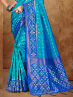 Sangam Prints Peacock Blue Silk Woven Work Traditional Saree | Grocsy