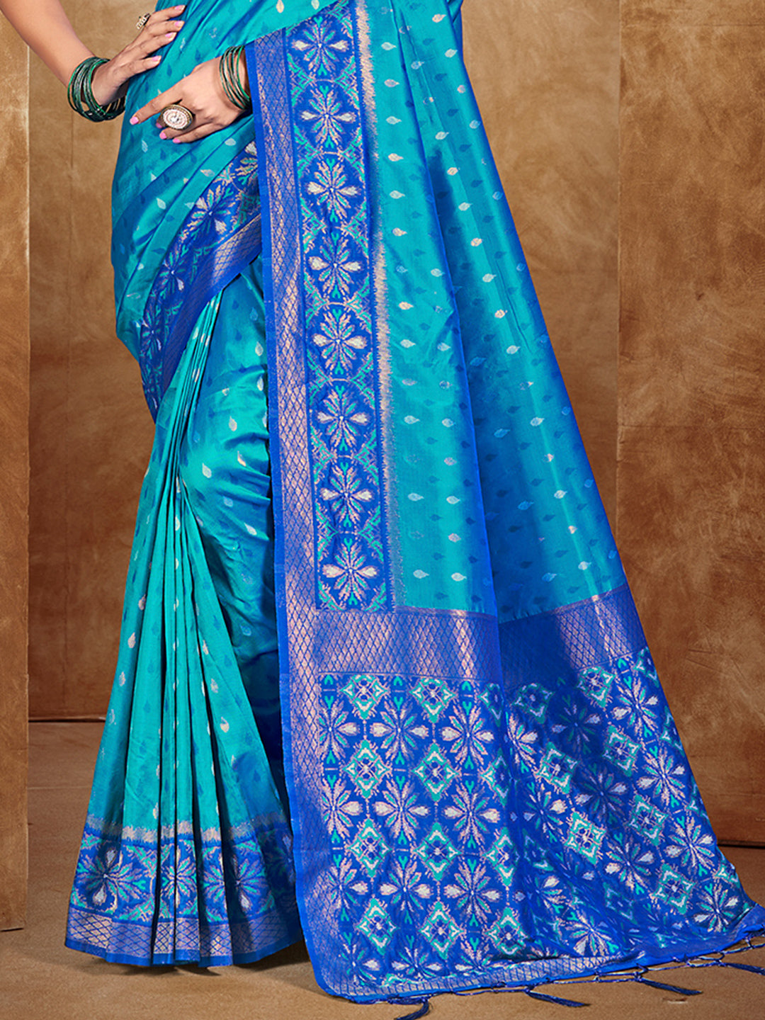 Sangam Prints Peacock Blue Silk Woven Work Traditional Saree | Grocsy