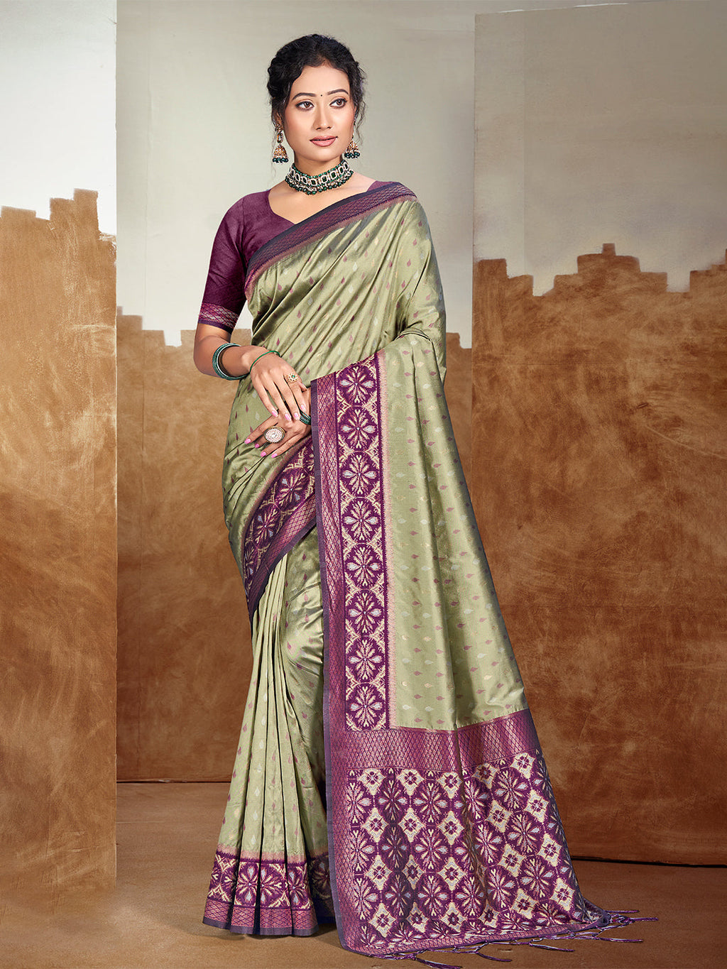 Sangam Prints Olive Green Silk Woven Work Traditional Saree | Grocsy