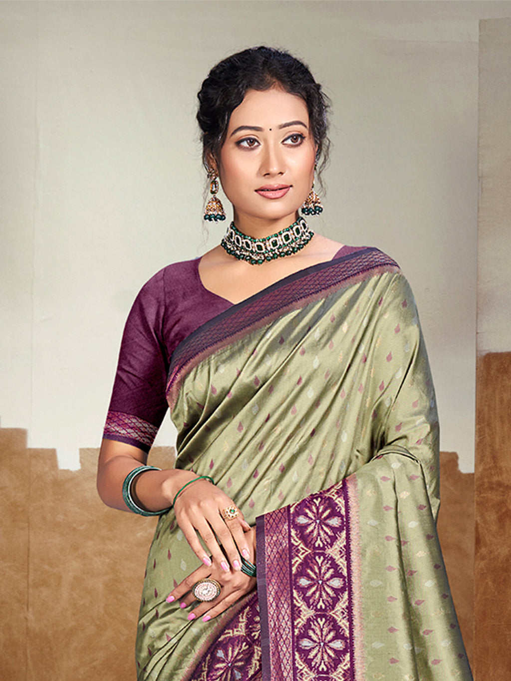 Sangam Prints Olive Green Silk Woven Work Traditional Saree | Grocsy